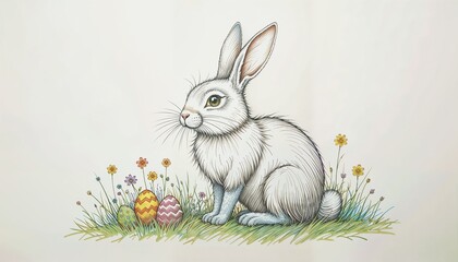 Rabbit with a joyful mood sitting with Easter eggs against a flowery background