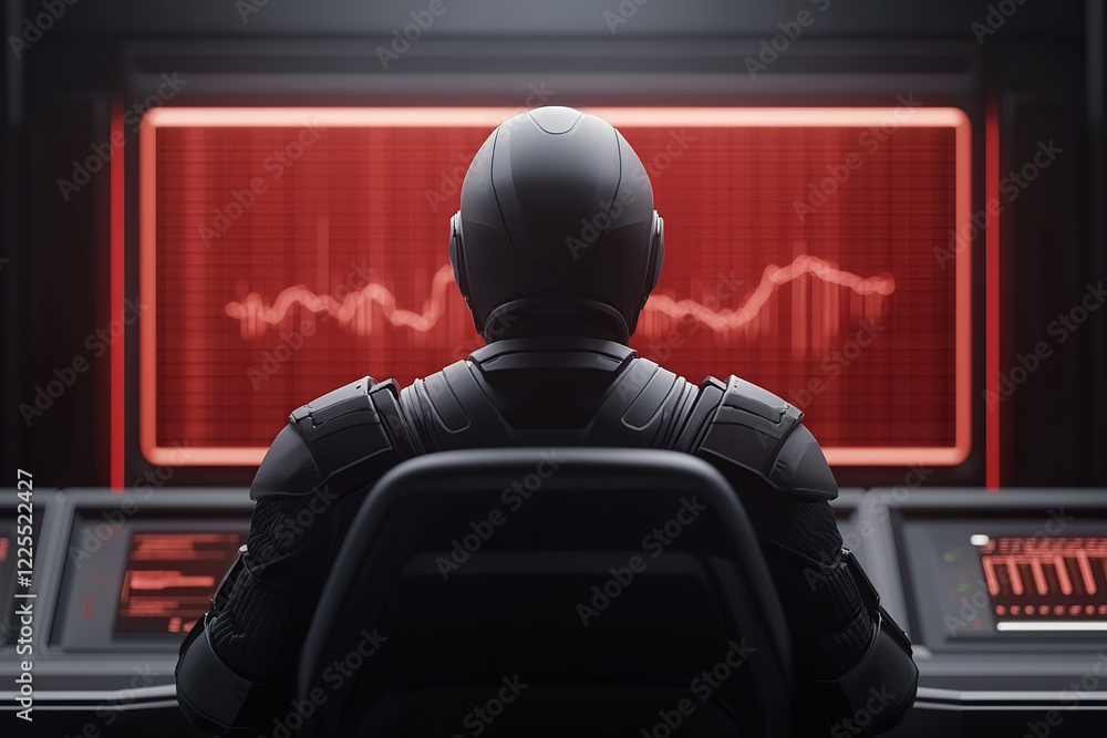 Poster futuristic figure in armor monitors data on red holographic screen, analyzing complex information in