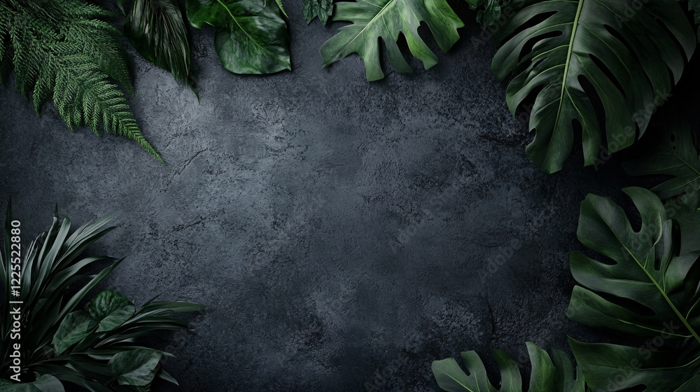 Poster Tropical leaves creating a frame on dark background with copy space