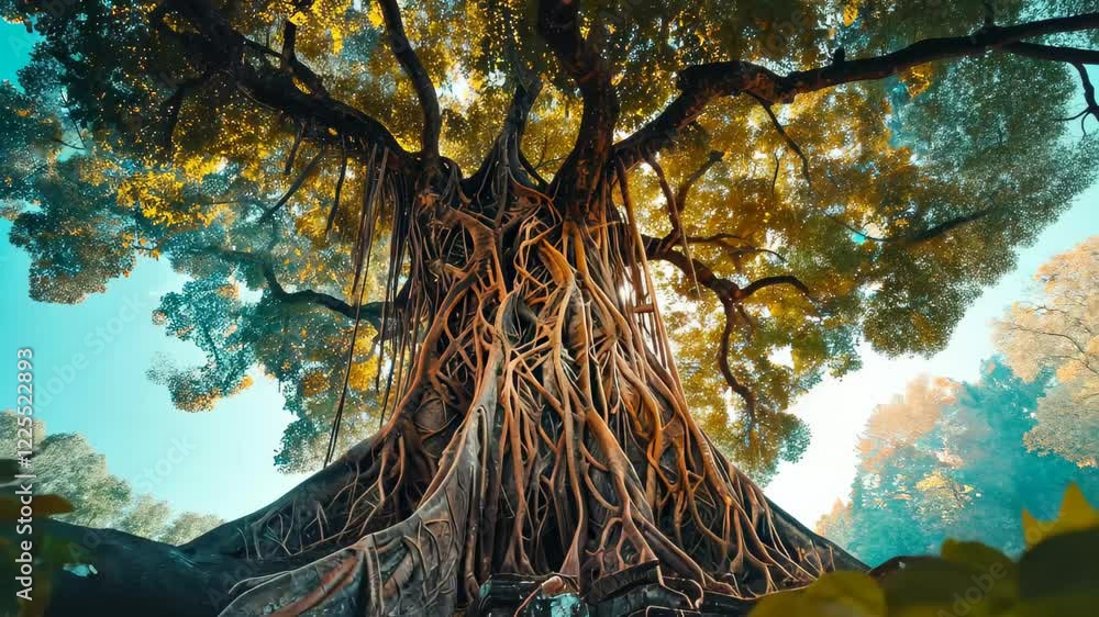 Aufkleber sunlight filters through the branches of an impressive banyan tree, casting warm rays on the surroun