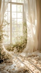 Background wedding with white curtains and flowers generative AI