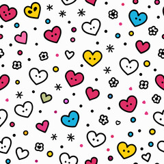 Colorful hearts pattern, whimsical design, white background, textile print