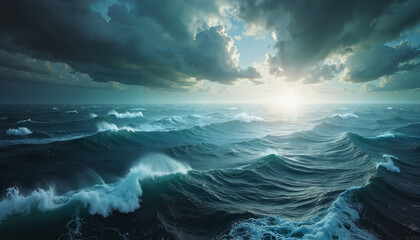 Stormy ocean waves under dramatic clouds