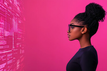 woman with glasses looks at glowing holographic data on pink background, symbolizing technology and innovation