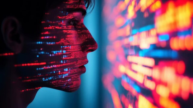A futuristic AI head with binary patterns symbolizing technological progress. Perfect for tech, AI, and innovation-related projects.
