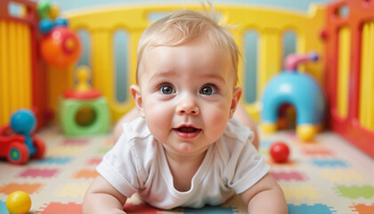 Fototapeta premium Baby smiling while crawling on colorful play mat