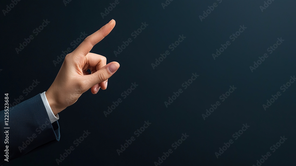 Poster hand in suit jacket is pointing against dark background, suggesting interaction with digital element