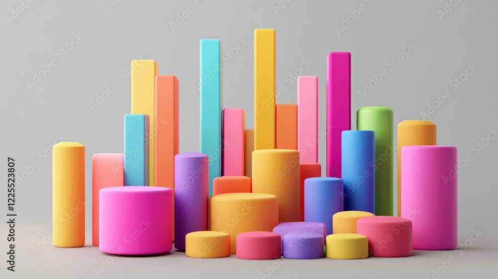 Poster colorful cylinders and rectangular prisms create abstract design