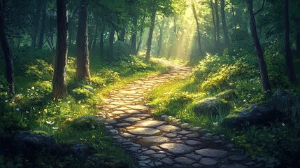 Fototapeta premium An ancient stone path winding through a lush forest, sunlight illuminating the way, inviting exploration 