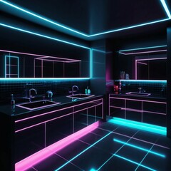 Futuristic Dark Bathroom with Neon Elements
An elegant bathroom with dark walls and bright neon accents. Modern LED-lit mirrors give the interior a futuristic look.
