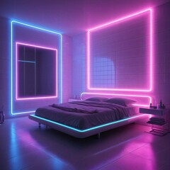 Cyberpunk Bedroom with Neon Lights
A bedroom with a minimalist design and bright neon lighting. Pink and blue light strips create a modern atmosphere.
