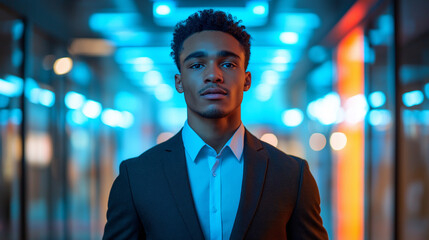 A confident young man with short curly hair, dressed in a slim-fit dark brown suit and a pale blue shirt, standing against a blurred futuristic office background