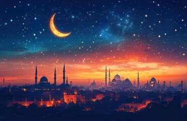 Naklejka premium Serene Night Sky Over Historic Cityscape with Starry Background