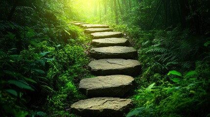Obraz premium An ancient stone path winding through a lush forest, sunlight illuminating the way, inviting exploration 