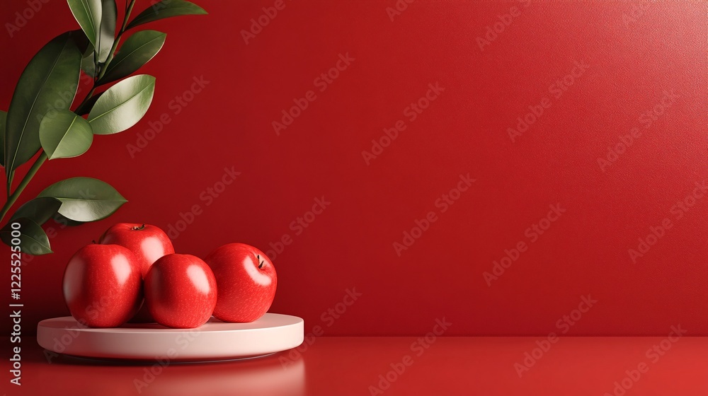 Poster red apples resting on white podium with plant and red background providing copy space