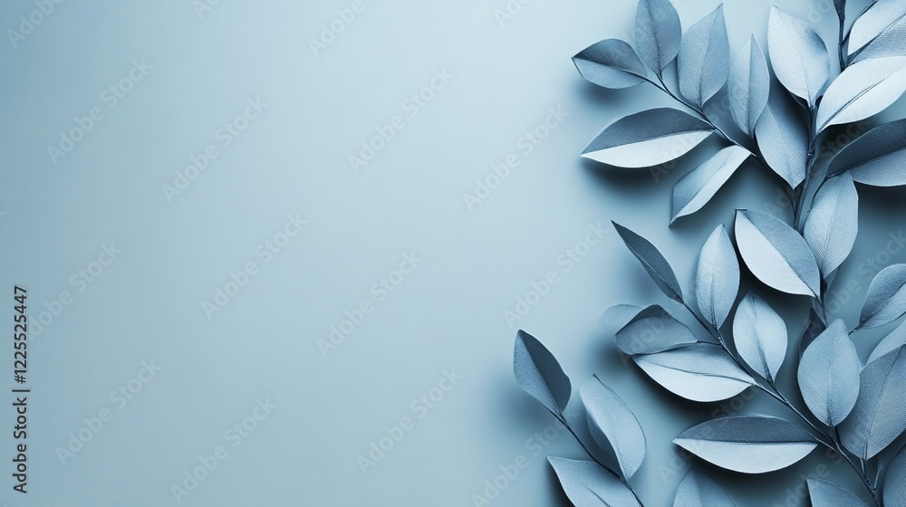 Poster light blue leaves arranged on light blue background creating negative space