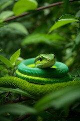 A green snake slithers through the forest and trees