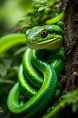 Obraz premium A green snake slithers through the forest and trees