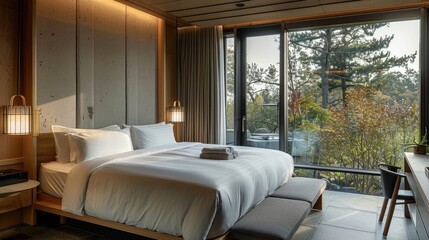 Obraz premium Standard interior room with garden-view bed