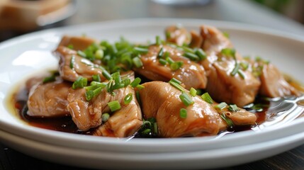 Fototapeta premium Steamed ginger chicken on white plate
