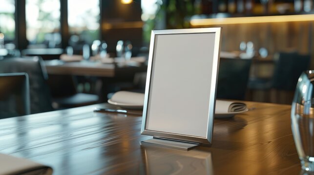 Stainless menu frame and table tent stand displayed on restaurant table