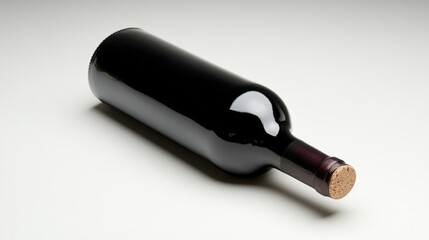 A single dark bottle of red wine rests on a white background