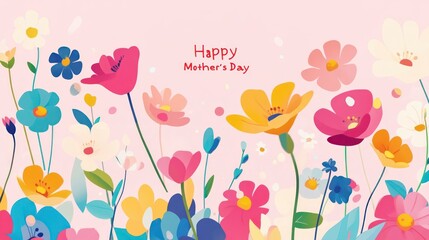 A flat vector illustration of colorful flowers with the text Happy Mother's Day on a pink background. The design is colorful, simple, and cute, with bold lines and bright colors. There are no shadows 