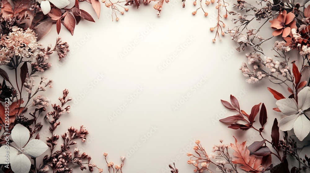 Poster autumnal floral frame creating negative space on beige background