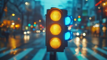 A lively urban intersection showcases colorful traffic signals while rain falls