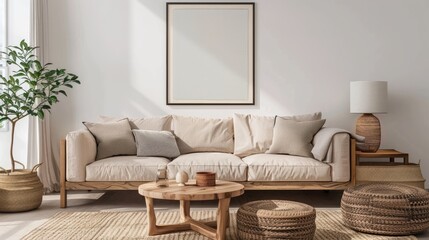 Stylish Living Room Interior Decor with Mock-Up Poster Frame, Beige Sofa, Wooden Table, and Personal Accessories