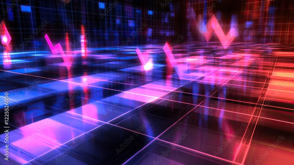 Poster abstract neon grid with dynamic arrows displaying data flow