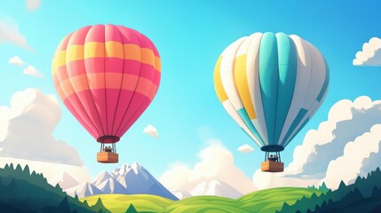 Obraz premium Colorful hot air balloons soaring above lush green hills and majestic mountains under a bright sky