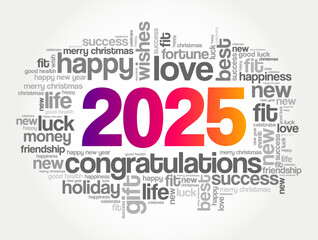 2025 year greeting word cloud collage, Happy New Year celebration greeting card