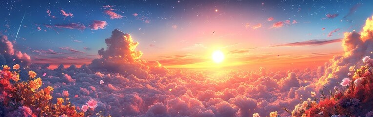 Fototapeta premium A breathtaking image of vibrant, colorful clouds illuminated by sunlight. Perfect for use in inspirational, artistic, or wellness-focused projects. Evokes peace, imagination, and serenity.