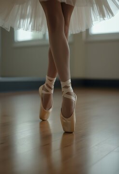 Close-Up of a Ballerina's Feet in Satin Pointe Shoes Poised Elegantly on a Wooden Floor