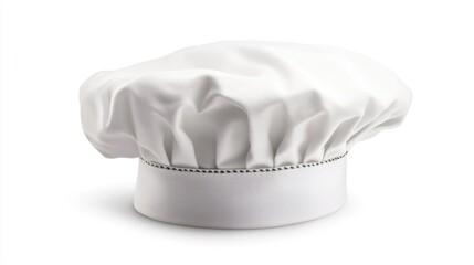 A pristine white chefs hat sits on a white background