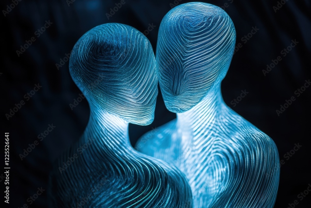 Poster fluid figures intertwined with soft blue light in an abstract art display