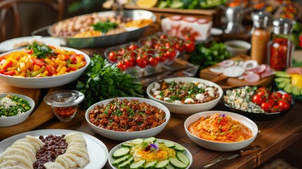 Obraz premium Table with diverse food plates and dips for varied flavors.