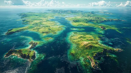 Aerial view of lush green islands, ocean, travel, nature background