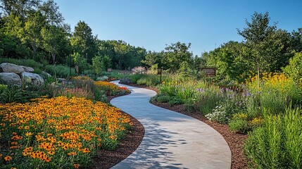 Obraz premium A winding path through a vibrant botanical garden, colorful flowers, and educational signage about plant conservation 
