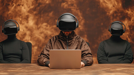 team of individuals wearing virtual reality headsets collaborates around laptop, immersed in digital environment. setting is modern and futuristic, emphasizing technology and innovation