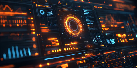 Fototapeta premium Futuristic user interface with glowing orange HUD elements, High-tech data dashboard with advanced analytics visualization 