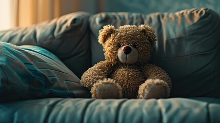 Tiny teddy bear on the couch