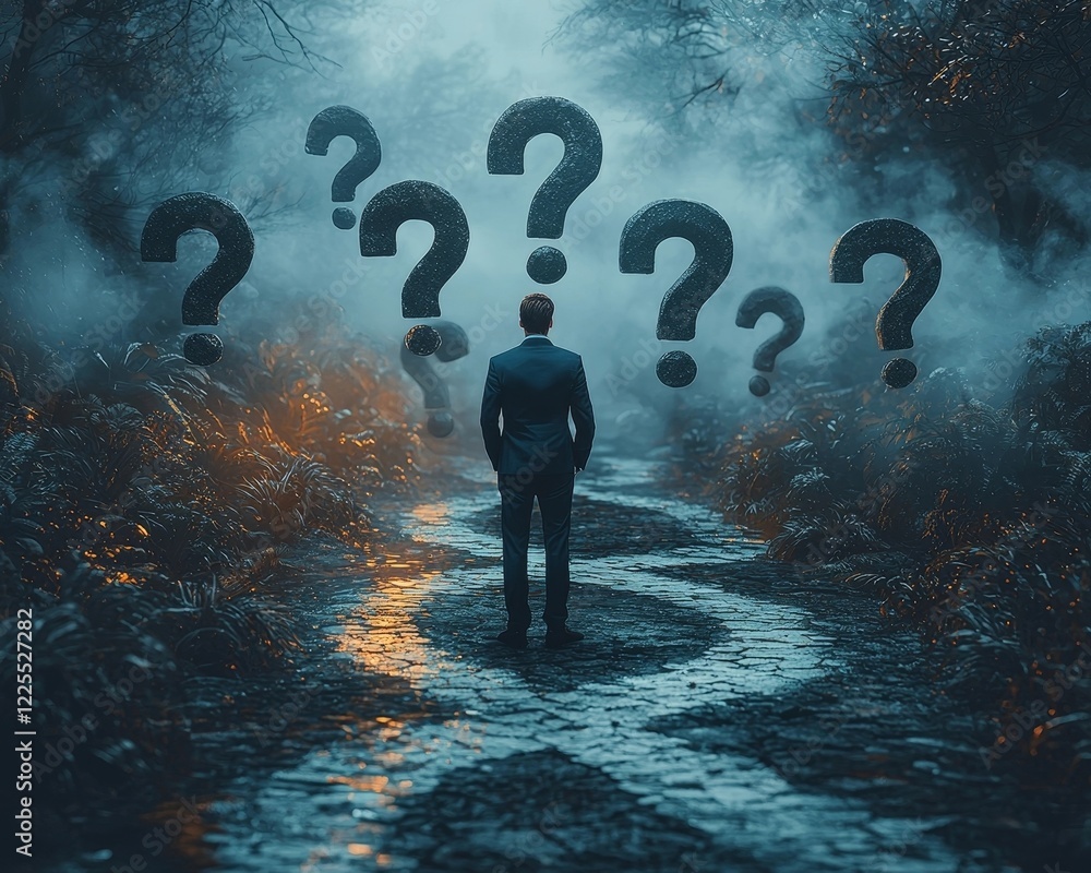 Poster businessman facing crossroads of uncertainty with floating question marks