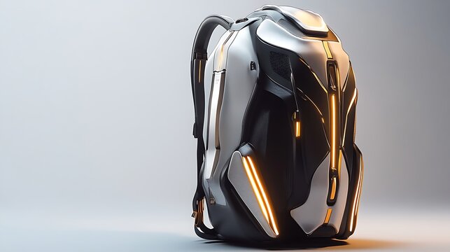 A futuristic jetpack-inspired backpack with aerodynamic shapes and metallic finishes