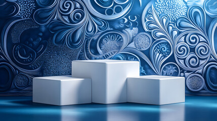 Square podiums are white. Abstract background. A stage for the demonstration of cosmetics. Podium for the award, consisting of three 3 square figures of different sizes on a blue background. Showcase