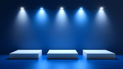 Square podiums are white. Abstract background. A stage for the demonstration of cosmetics. Podium for the award, consisting of three 3 square figures of different sizes on a blue background. Showcase