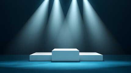 Square podiums are white. Abstract background. A stage for the demonstration of cosmetics. Podium for the award, consisting of three 3 square figures of different sizes on a blue background. Showcase