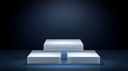 Square podiums are white. Abstract background. A stage for the demonstration of cosmetics. Podium for the award, consisting of three 3 square figures of different sizes on a blue background. Showcase