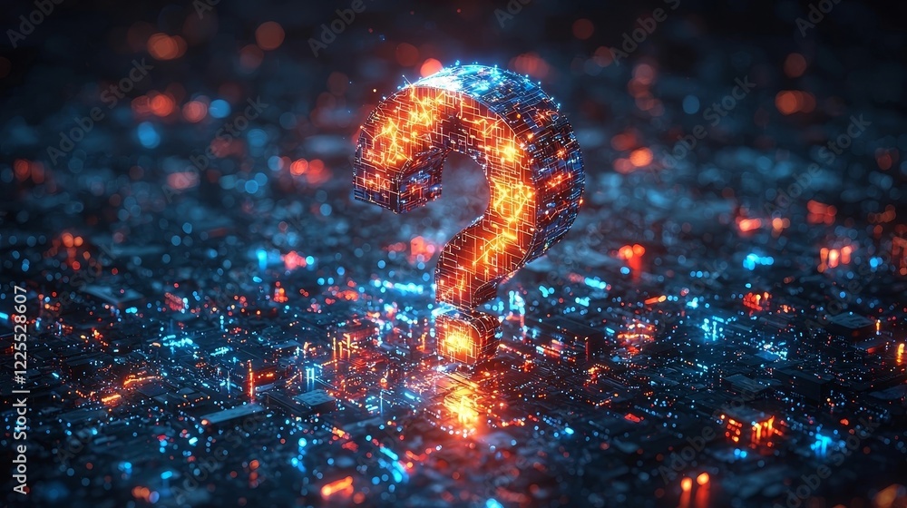 Poster glowing digital question mark symbolizing data driven insights and business concepts
